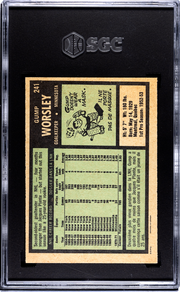 1971-72 Topps Gump Worsley #241 Minnesota North Stars HOF SGC 5.5 back of card